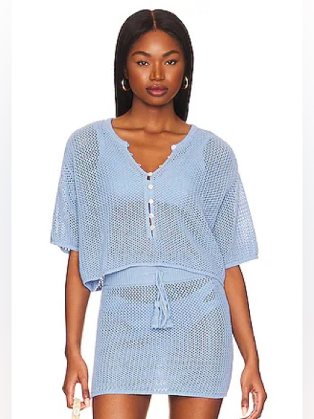 L*Space Coast Is Clear Crochet Knit Button Up Cropped Top Coverup Light Blue, XS